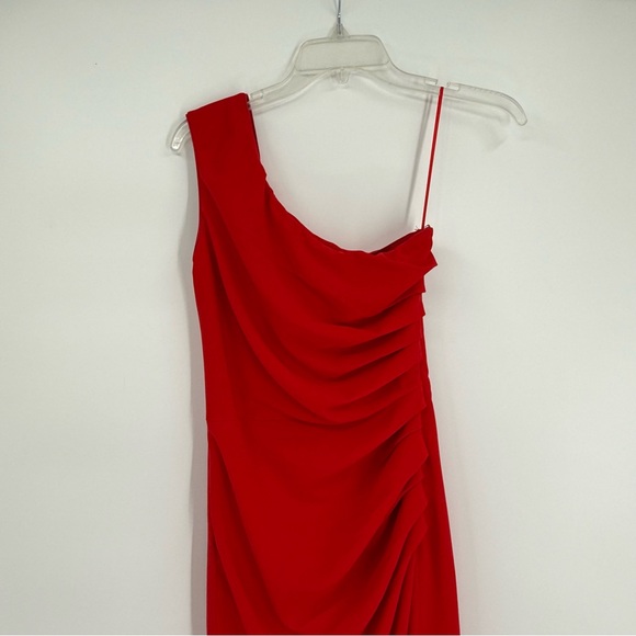 Dress The Population Martine One Shoulder Dress Size XS Red Ruched Midi Party - Picture 6 of 10